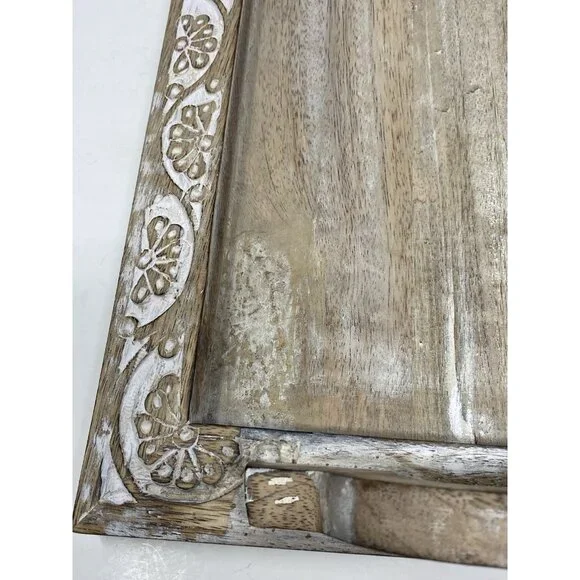RUSTIC Carved Wooden Serving Tray Rectangular 17x12 With 2 Handles India - Picture 5 of 8